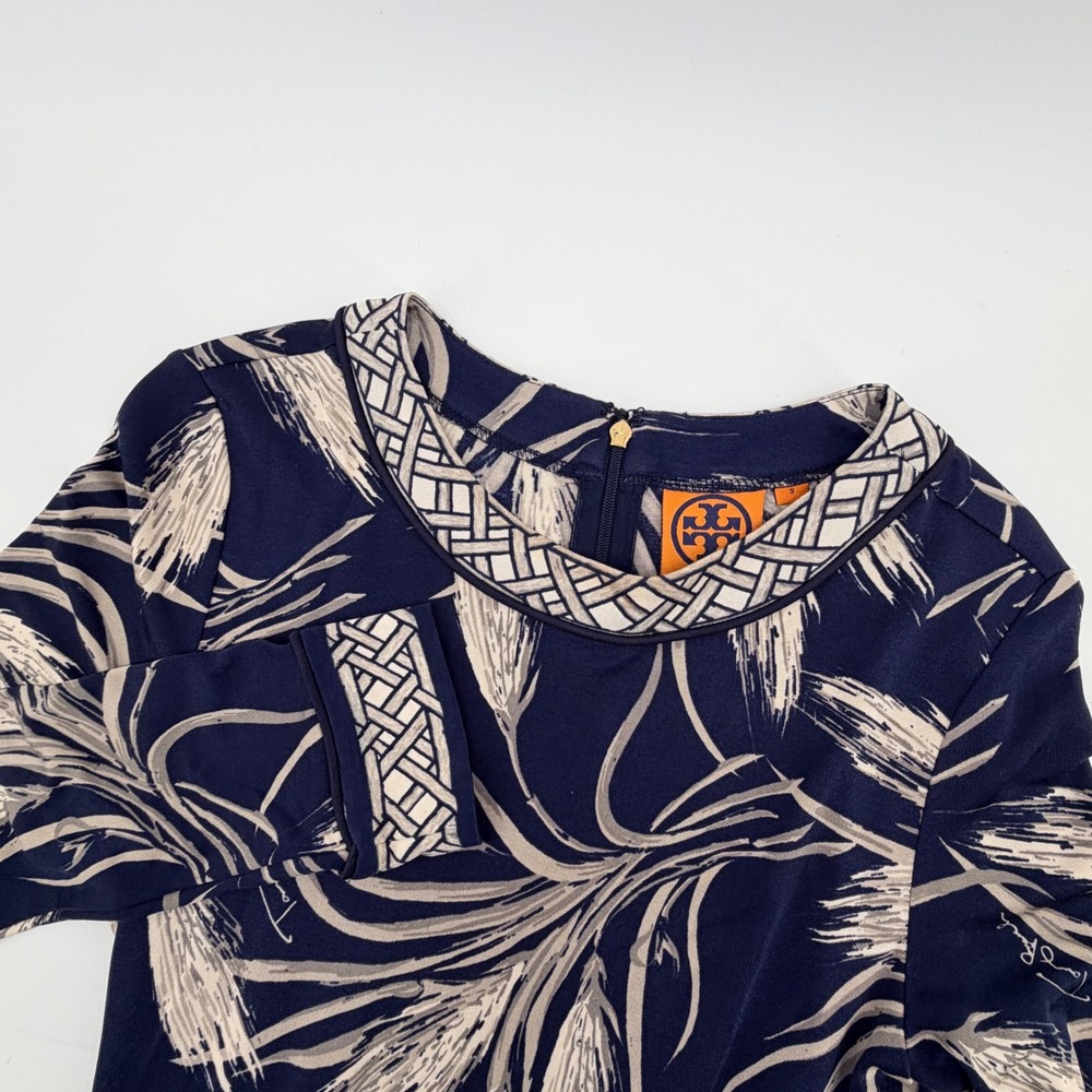 Tory Burch Silk Long Sleeve Dress Small‎ Navy Wheat Print Belted Midi
